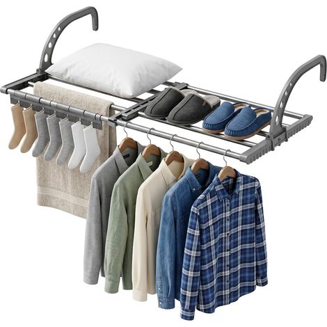 Balcony Clothes Airer, 15-55cm Small Expandable Folding Wall Mounted Airer Heating Element Wall Hanging Airer Windproof Sock Holder for Indoor Outdoor (1/5)