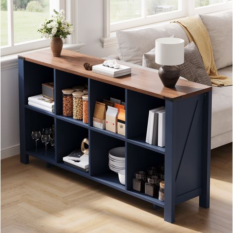 Étagère de rangement horizontale à 8 compartiments, MDF bleu, 140 x 34 x 75 cm