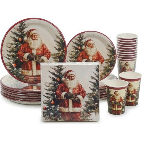 Set Tavola babbo Natale 38  pz piatti bicchieri e tovaglioli USA e Getta per 6 Persone in Carta coordinato per Festa party natalizio decorazione Pranzi e Cene natalizie (1/5)