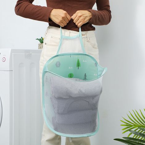 Panière à linge mural collapsible foldable Large capacité Nylon Mesh 40x30x18cm Green Tree 1pc - [Sac à linge] [Bamboo] [Modèle X] (1/4)