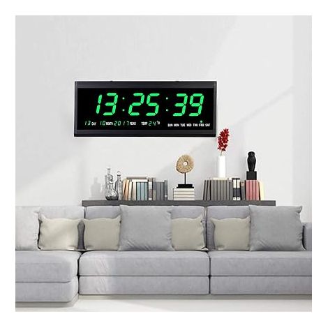 Horloge murale numérique à LED, 48 cm, avec affichage des chiffres, de la température, pour chambre, cuisine, bureau, prise européenne, verte (1/5)