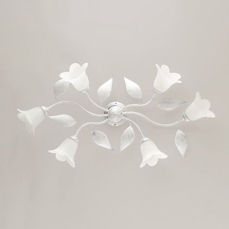 Lámpara de techo de hierro blanco plateado de seis luces con cristal de alabastro blanco 95x52x h20 cm