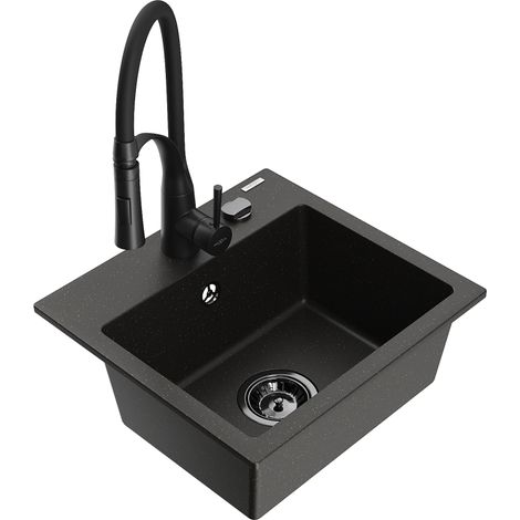Mexen Milo lavello in granito a 1 vasca con rubinetto da cucina Aster, nero/oro metallico - 6505-75-73450-70-B (1/5)