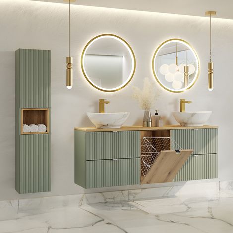 Conjunto de lavabo doble de 160 cm con cesto para ropa sucia y pilar verde jade y madera