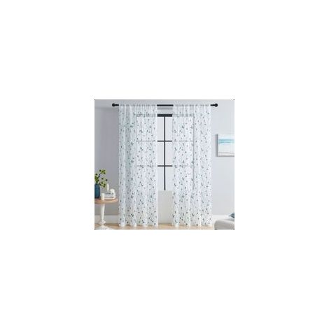 Lot de 2 rideaux en tulle blanc à imprimé feuilles (bleu ciel, 137 x 160 cm), pour salon, chambre, cuisine, décoration de fenêtre