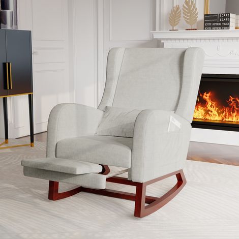 Sedia a dondolo, poltrona a dondolo in lino con poggiagambe telescopico, 2 tasche, cuscino e braccioli, rocking chair imbottita - grigio