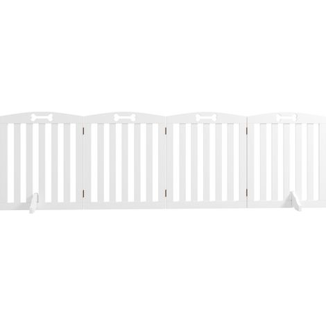 Absperrgitter Hund 4-teilig, 207,5 x 61 cm Faltbar Türschutzgitter mit 2 Stützfüßen, Freistehend Hundegitter, Treppengitter für mittelgroße Hunde, für Flur, Treppe, Weiß