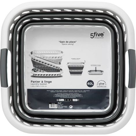 5Five Simply Smart – Corbeille à linge pliable 40L en polypropylène – Dimensions 48x34x49 cm – Design rétractable pour petits espaces – Bicolore gris et blanc