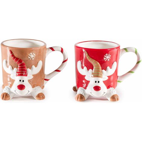 Tasses de Noël renne avec petits pieds et décors en relief en céramique, lot de 4, diam. 8,5 x H. 10 cm