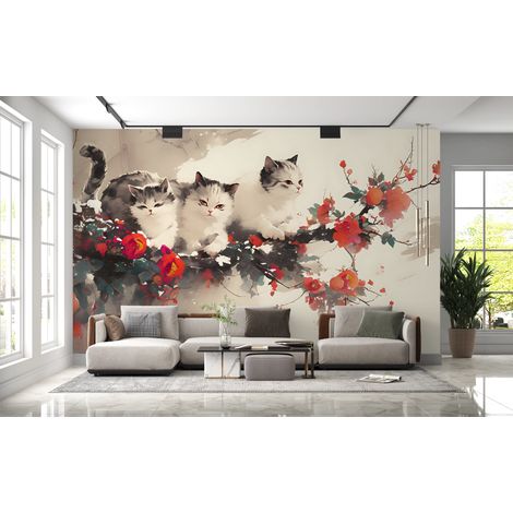 Papier peint animaux - petits chats blancs et fleurs rouges - 150 x 250 cm (1/2)