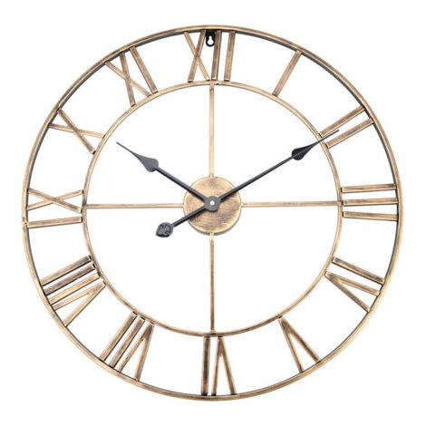 Grande horloge murale ronde en fer classique en métal avec chiffres romains pour décoration d'intérieur (doré 60 cm de diamètre) (1/4)
