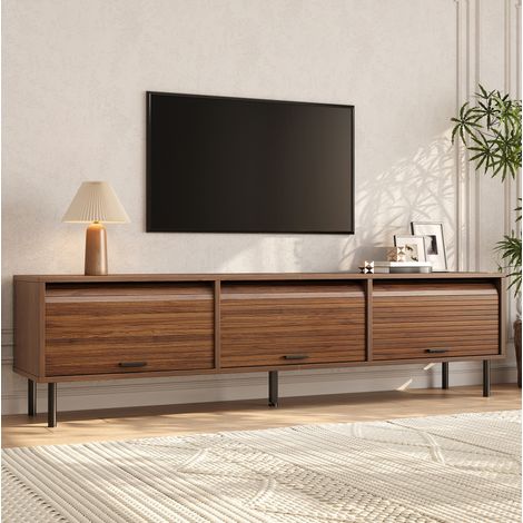 Meuble TV 180x40x55 cm avec 3 portes coulissantes vers le haut, rangement structuré, MDF noyer (1/5)