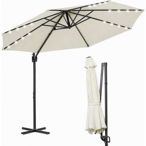 Wolketon Parasol déporté 300 cm beige avec LED solaire, rotation 360°, inclinable 0–60°, toile polyester 200 g/m² UV50+