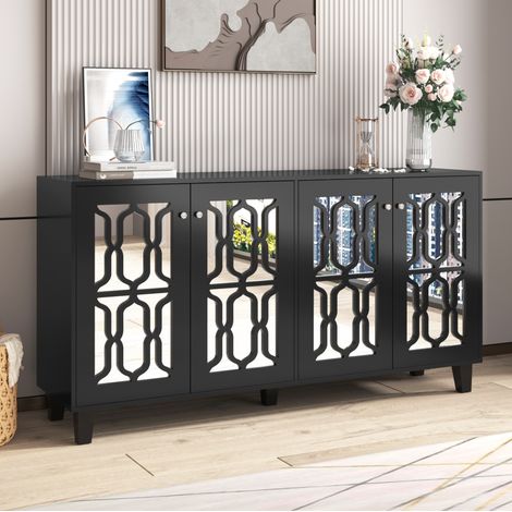 Aparador negro espejo, aparador de salón, aparador de comedor con 4 puertas, manijas de cristal frío, estratificado removible, 160x40x84 cm (1/5)
