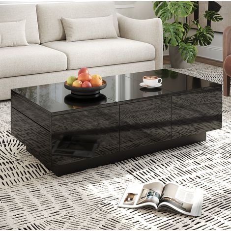 Table basse 100x31x50 cm noire en panneau de particules avec tiroirs et rangements coulissants (1/5)