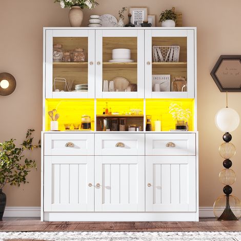 Armoire cuisine 140×40×175cm buffet haute vitrine étagères réglables éclairage LED couleurs variables blanc/noir-Da. (1/5)