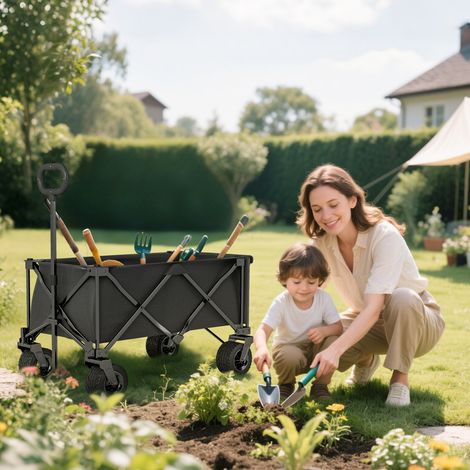 Faltbarer Gartenwagen mit großen Geländerädern und verstellbarem Griff, 100 kg Tragkraft, für Camping und Einkaufen, Schwarz