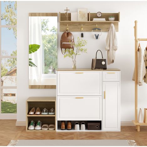 Ensemble de vestiaire d’entrée en panneaux de particules blanc et naturel, 4 pièces, P 35 cm, avec meuble à chaussures, banc, porte-manteau et miroir (1/5)
