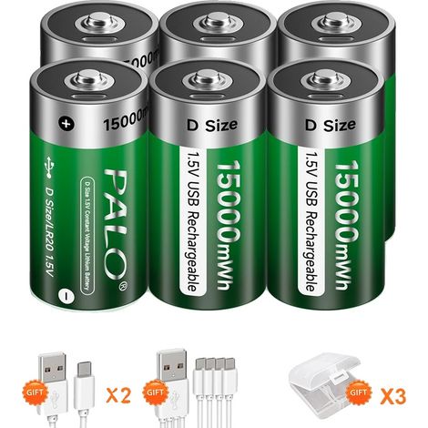D-Größe wiederaufladbare Batterie, 15000mWh Kapazität, Type-C Ladeanschluss, erhältlich in mehreren Verpackungen, 6STK (1/2)