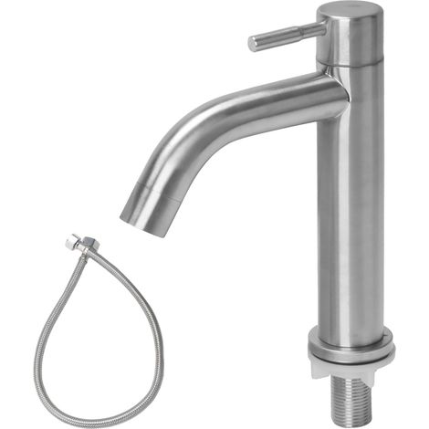 Robinet Eau Froide Acier Inoxydable, Robinet Eau Froide Lave Main avec Tuyau, Mitigeur Lavabo, Robinet Baignoire pour WC Invités, Salle Bain, Installation Facile (Sortie Courbe) (1/5)
