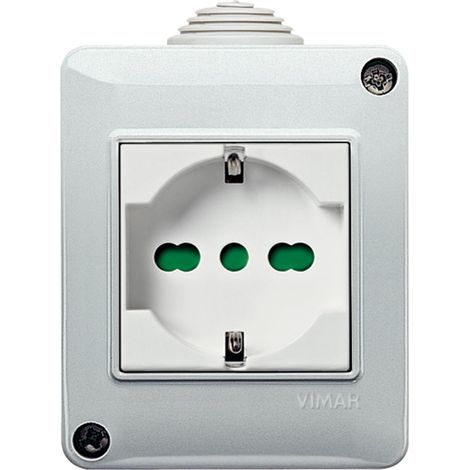 Vimar 0T14802.U Plana Contenitore IP40 + Presa SICURY 2P+T 16A universale, per eurospine 2P 2,5A, 2P e 2P+T 10A e 16A standard IT, 2P+T 16A standard DE, installazione a parete