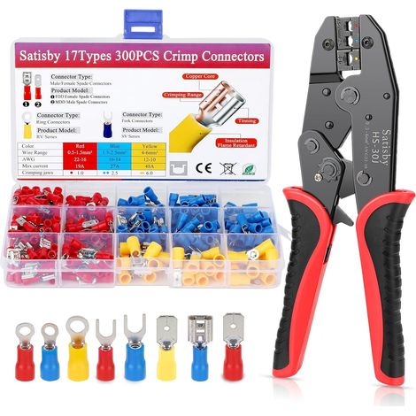 300 Pièces Cosses Electriques a Sertir, 17 types Cosses Electriques 0,5 à 6,0 mm², Cuivre Etamé Gaine Ignifuge Isolant,Avec Pince a Sertir (1/5)