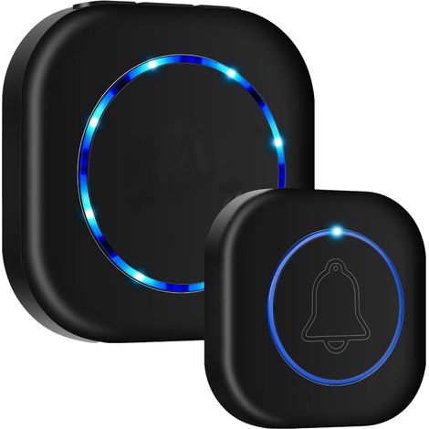 Sonnette sans Fil (Noir) Imperméable IP55, Portée de 300 mètres, à Branchement Direct, 38 Sonneries et 4 Niveaux de Volume (0-110 DB), pour Porte de Maison, Hôtel ou comme Sonnette d'urgence (1/5)