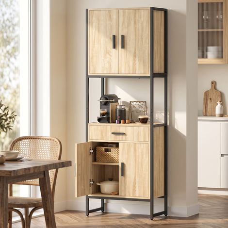 Buffet Haut Cuisine, Armoire de Cuisine, 4 Portes à Fermeture Douce, Tiroir, Plan de Travail, 60x30x170cm, Bois Naturel (1/5)