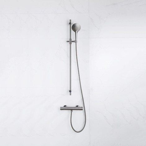 Fortifura Calvi Ensemble de douche barre curseur avec douchette ronde, flexible lisse et robinet de douche Gunmetal PVD (1/5)