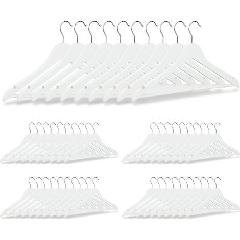 Kleiderbügel im 50er Set, Hosenstange, für Röcke, Hemden, Jacken, Haken 360° drehbar, stabil, Holz, weiß