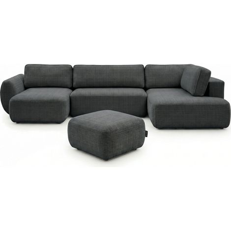 BOBOCHIC - Canapé panoramique convertible coffre DENISE tissu texturé avec pouf Angle gauche Noir (1/4)