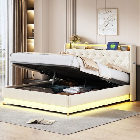 LED Polsterbett 160x200 cm mit Stauraum und USB-Anschluss, Hydraulisches Doppelbett mit Bettkasten und Metalllattenrost, Leinenstoff Beige (1/5)
