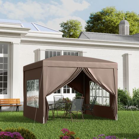 Padiglione da giardino pieghevole in poliestere color caffè 295x295x258 cm con 4 pareti removibili e borsa (1/5)
