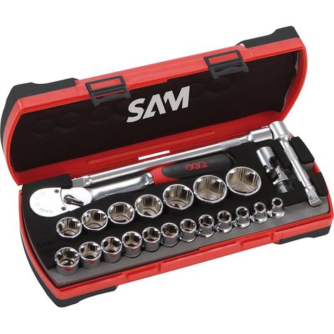 Sam Outillage – Coffret de 23 douilles 1/2 pouce – Jeu d'accessoires pour utilisation intensive – Compatible avec cliquet – Acier au chrome vanadium