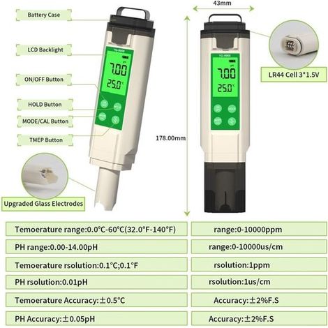 Misuratore di qualità dell'acqua 4 in 1 per acquari e vasche per pesci con schermo LCD per il monitoraggio del valore di pH, della conducibilità elettrica e del valore TDS. (1/5)