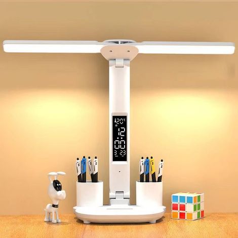 Lampe de Bureau LED avec avec horloge-3 Modes de luminosité-Contrôle Tactile-Protection des Yeux- Charge USB-Porte Stylo-Éclairage