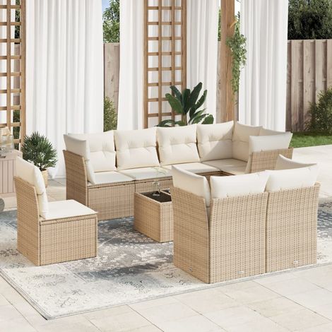 Ensemble Salon Jardin 9 Places Résine Tressée Beige avec Table Verre Trempé et Coussins Détachables (1/3)