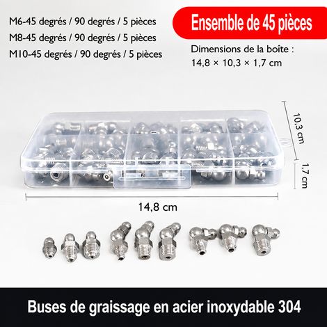 Coffret 45 graisseurs M6 M8 M10 inox 304 droits 45° 90° 304 acier inoxydable 300 g – Livraison gratuite