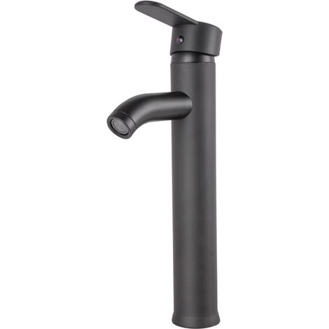 Grifo Lavabo Latón/Zinc, Negro, Agua Caliente-Fría, Latiguillos, Caño Alto, Monomando [QLI-FA-4214