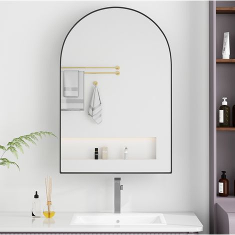 Armadietto a specchio da bagno in metallo nero, installazione a parete o da incasso, con 2 ripiani in vetro regolabili (1/5)