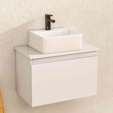 BELLOBATH – Hängender Badezimmerschrank mit quadratischem Keramikwaschbecken, Badezimmerschrank mit Waschbecken und 1 Schublade, 49,5 x 32 x 30 cm, weißer Schrank