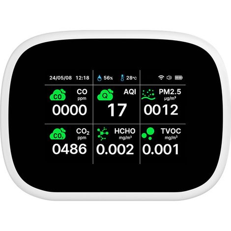 Moniteur de qualité de l'air WiFi 11 en 1, humidité intérieure AQI/CO/CO₂/TVOC/HCHO/PM2.5/PM1.0/PM10/température/humidité/testeur de temps, compteurs de bureau pour maison, bureau, hôtel, resta (1/5)