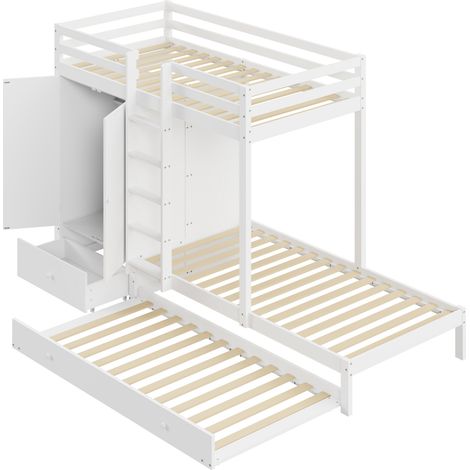 Cama litera 90 x 200 cm con cama nido, armario, cajones y estante, blanco, MODENUIT (1/5)