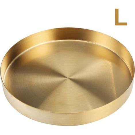 Plateau rond en acier inoxydable doré grand format organisateur de bijoux - Assiette de service pour bougie, bar, cuisine et maquillage - Acier résistant (1/5)