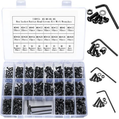 720 Pièces Boulons,Écrous,Rondelles Acier Carbone M3 M4 M5 M6 Noir Vélo Moto (1/5)