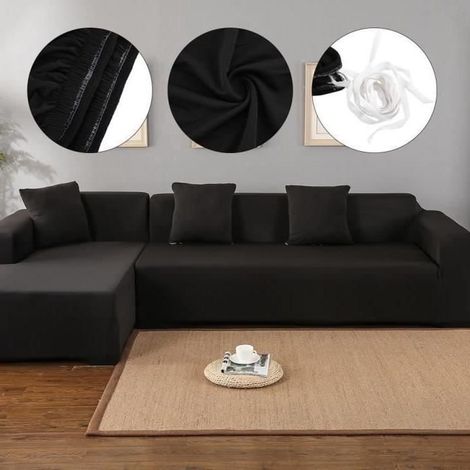 Housse de canapé, adaptée aux meubles luxueux doux-noir-polyester 3 + 2 protections en forme de L d\'angle (1/4)