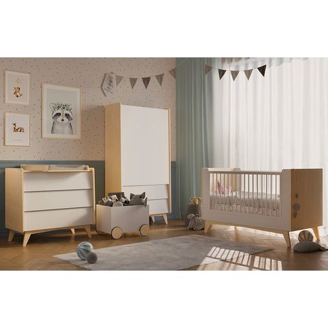 Dormitorio completo cuna evolutiva 70x140 cómoda cambiador y armario 2 puertas Bellamy So Sixty Blanco y madera (1/5)