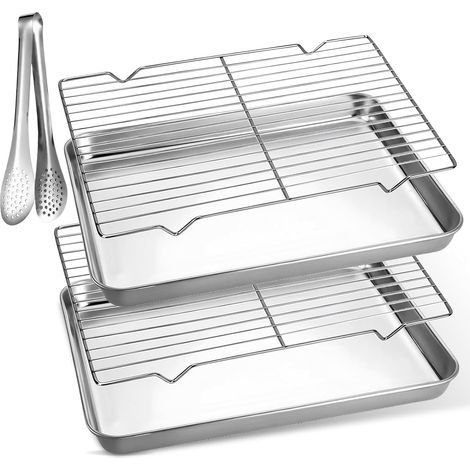 Plaque De Cuisson Avec Grille De Refroidissement, Plaque Patisserie Avec Clip Alimentaire, Plaque De Four, Plateau Inox, Plaque De Cuisson Et Grille Pour Cuire, Servir (26X20X2,7 cm) (1/5)