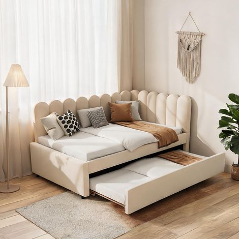Cadre de lit beige en upholstered 205 x 148 x 90 cm (1/5)