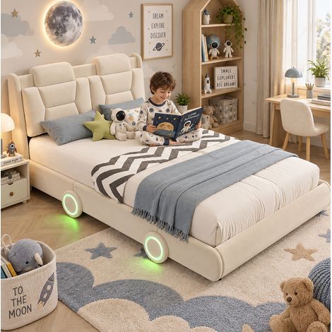 Lit voiture enfant 140x200 cm en flanelle beige, tête réglable, stable, sans matelas – MEUBLIV (1/5)